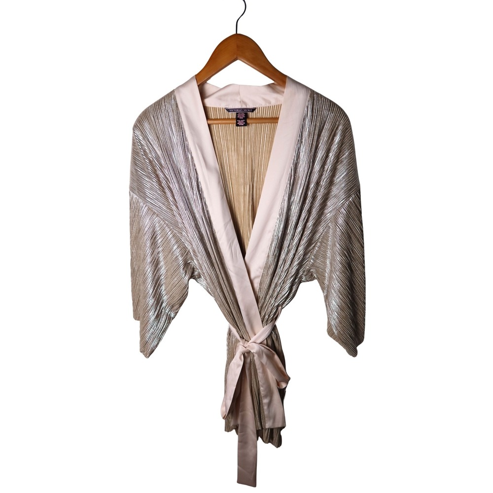 Victoria's Secret Metallic Silver Plisse Pleated Robe Satin Trim Size XS/S